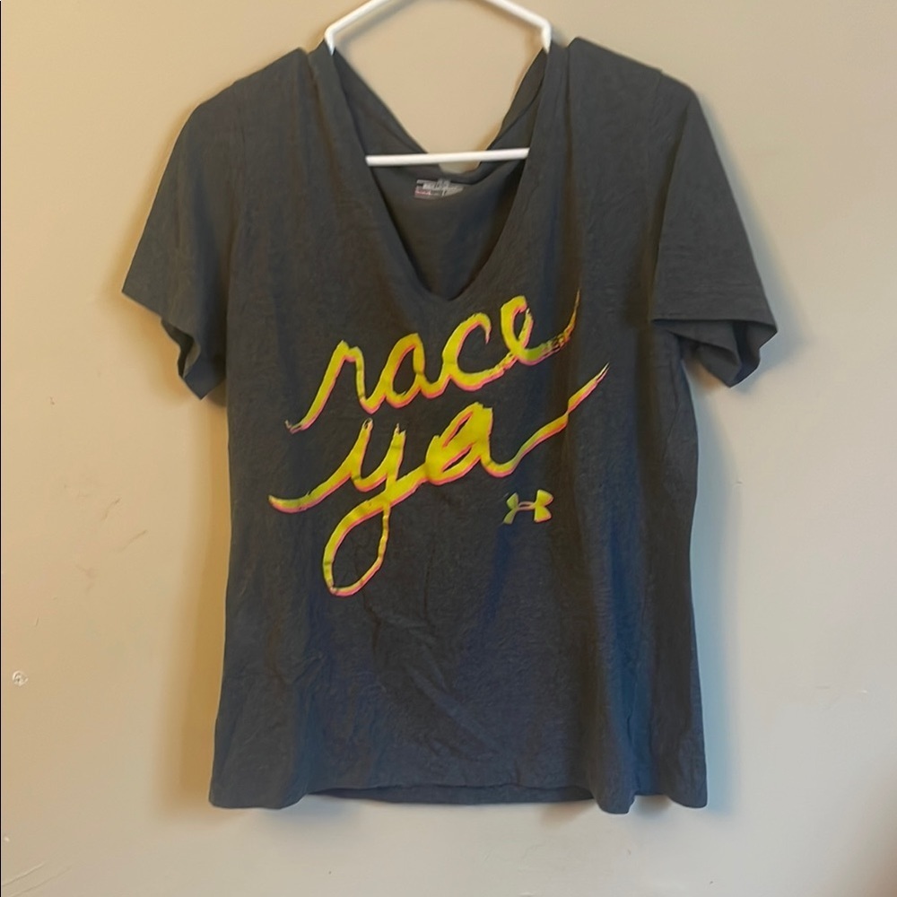 Gray V-Neck T-Shirt with Neon Print​ (Bin D)​